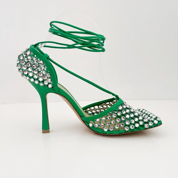 Bottega Veneta Sparkle Stretch Lace-Up Sandal Mesh Crystals Parakeet Green - Picture 9 of 16